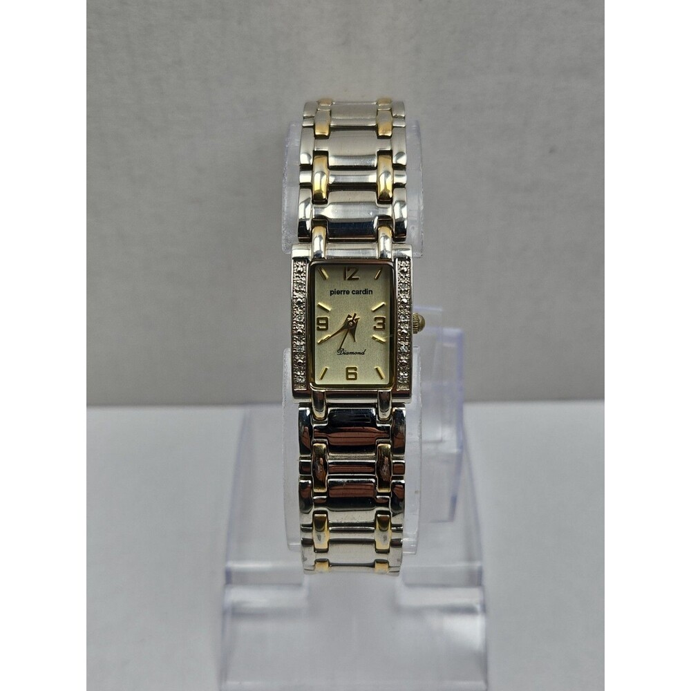 Pierre Cardin Womens Diamond Bezel Tank Bracelet Watch Two Tone New Battery